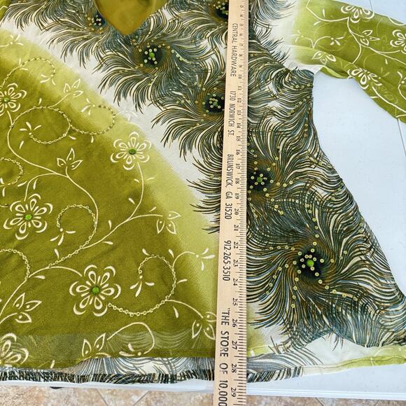 Women's Boho Beaded Flowy Tunic Top Sz 3X Green Fairy Artsy Gypsy Whimsical - Picture 9 of 10